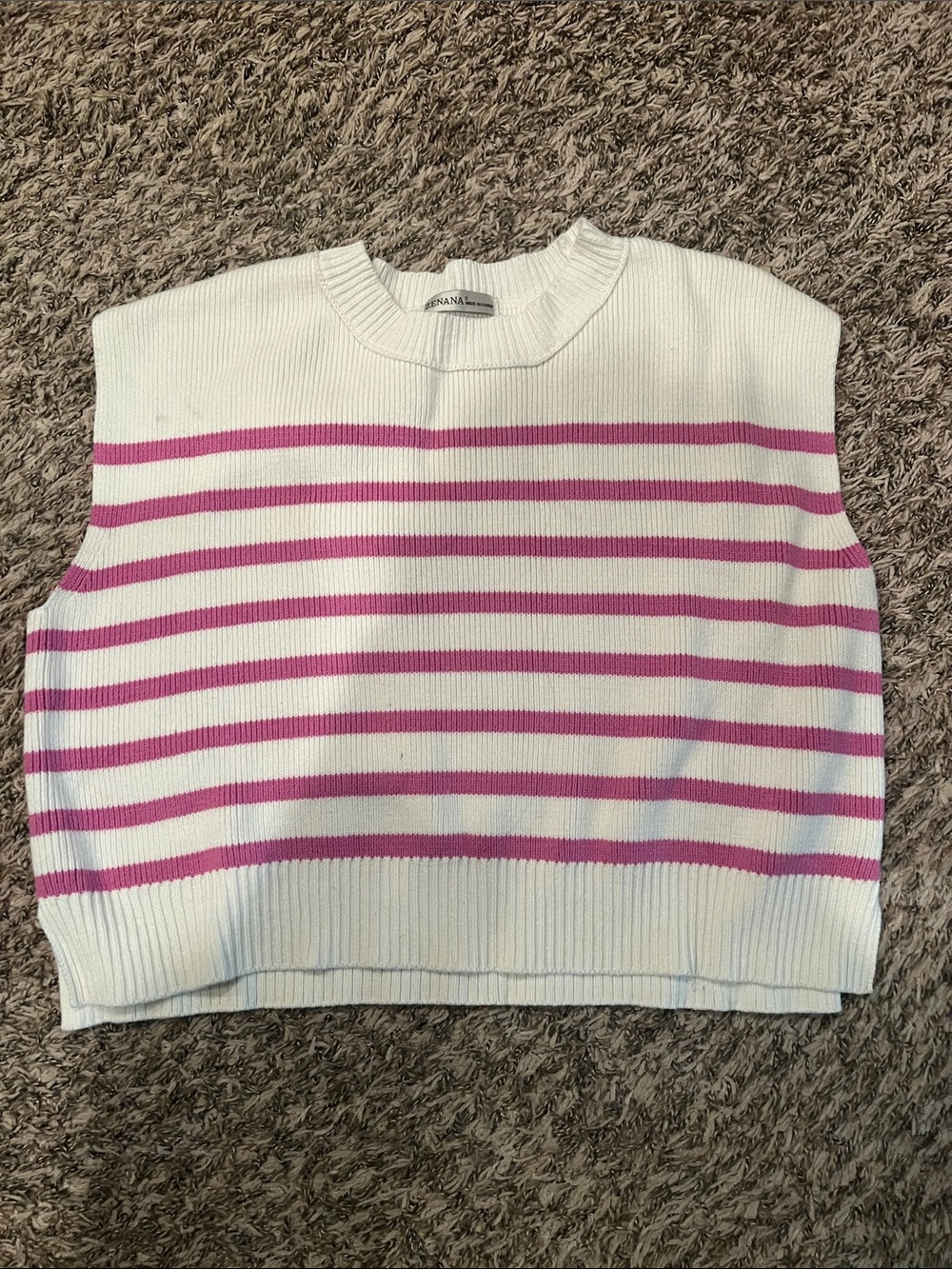 Zenana Outfitters White & Pink Striped Sleeveless Knit Sweater Vest